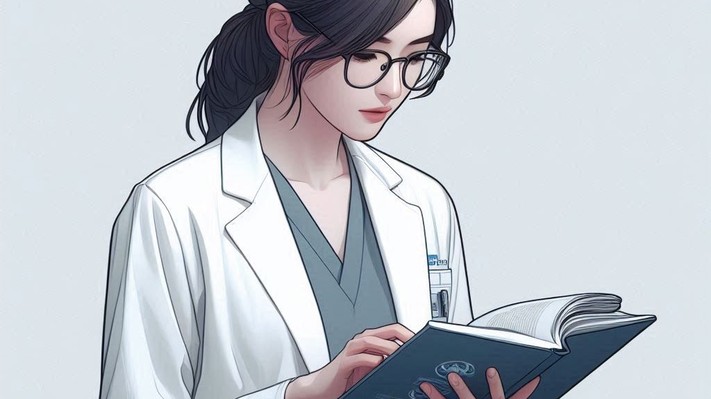 una científico mujer consultando un manual operativo, estilo realista, minimalista
